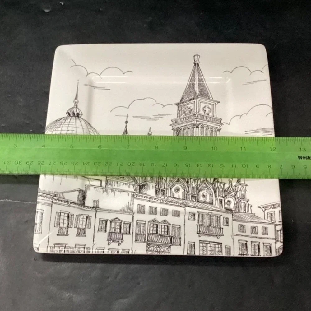 222 Fifth City Scenes Salad Plates, Set of 2, Vintage Square Dishes, Tableware